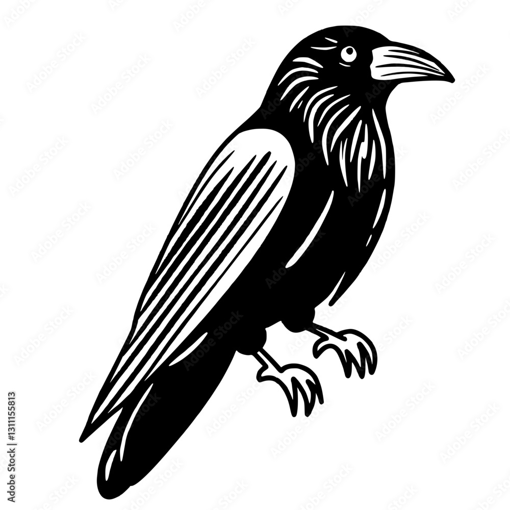 Fototapeta premium A raven happy Halloween concept, black and white hand drawn line art illustration 