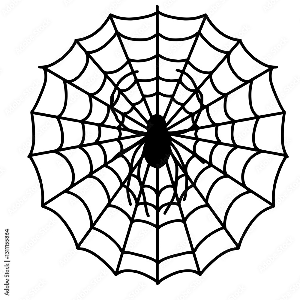 Obraz premium A spider web that has spider on it happy Halloween concept, black and white hand drawn line art illustration 