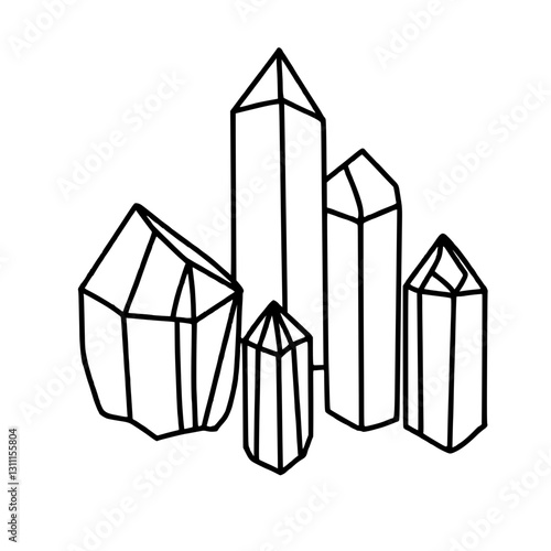 A bunch of crystals happy Halloween concept, black and white hand drawn line art illustration 