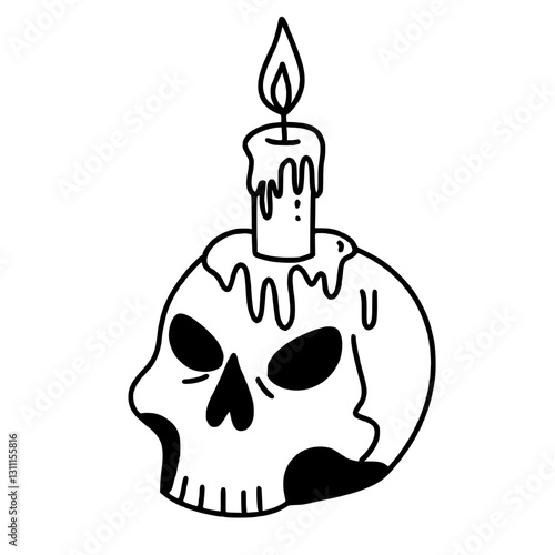 A candle melting on a skull happy Halloween concept, black and white hand drawn line art illustration 