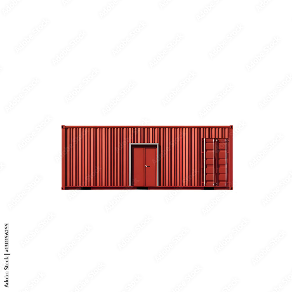 A striking red shipping container with a door, showcasing modern minimalist design and functionality. A striking red shipping container with a door, showcasing modern minimalist design and functionality.