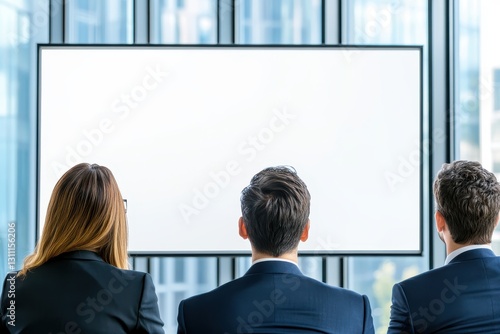 Three Individuals Wearing Suits In Modern Meeting Room photo