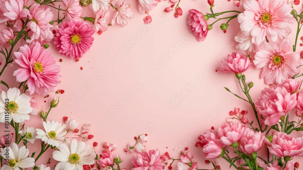 Floral Frame: An elegant assortment of vibrant pink and white flowers delicately arranged in a frame. The pink background provides a soft, romantic backdrop to the floral display. Floral Frame: An elegant assortment of vibrant pink and white flowers delicately arranged in a frame. The pink background provides a soft, romantic backdrop to the floral display.