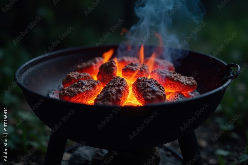 Portable hot empty BBQ grill, glowing embers Black background , iron, fuel Portable hot empty BBQ grill, glowing embers Black background , iron, fuel