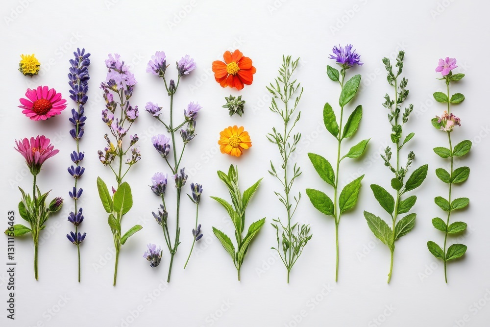 Naklejka premium Beautiful Arrangement of Fresh Wildflowers and Herbs on a Light Background