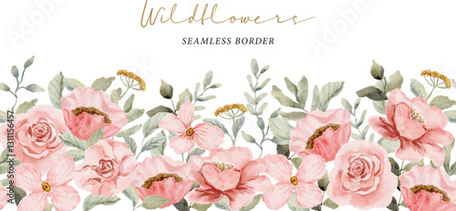 delicate pink floral watercolor seamless border