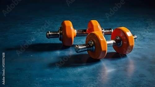 A bright orange dumbbell placed on a blue surface