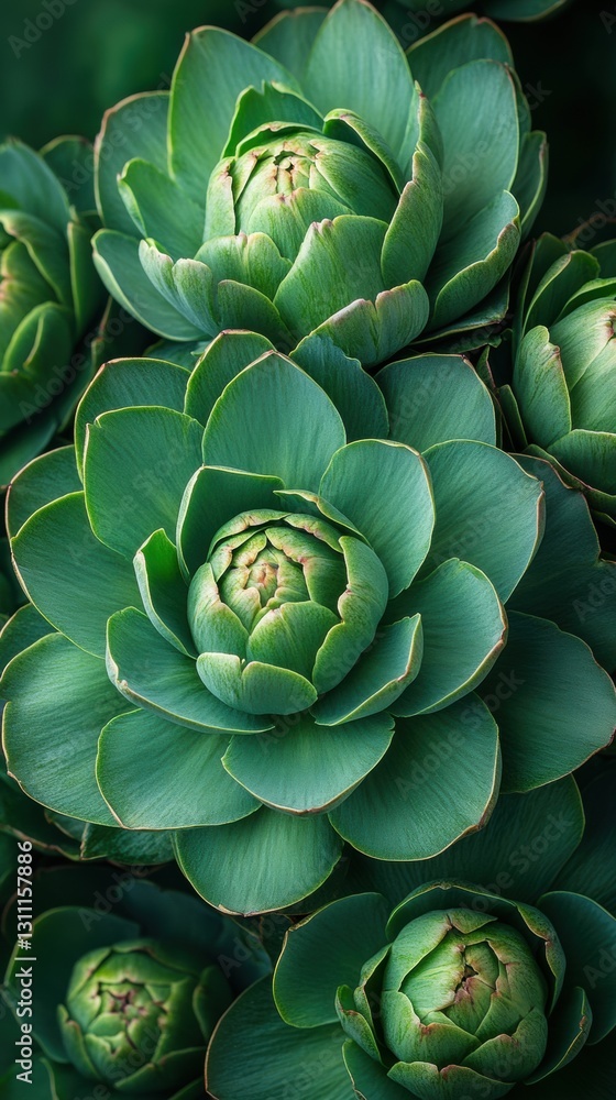 Obraz premium Close-up view of vibrant green artichoke heads arranged in a captivating pattern showcasing nature's beauty and culinary delight
