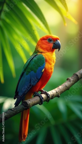 Intricate bird of paradise, palm leaves, sunlit scene , pattern, blossom