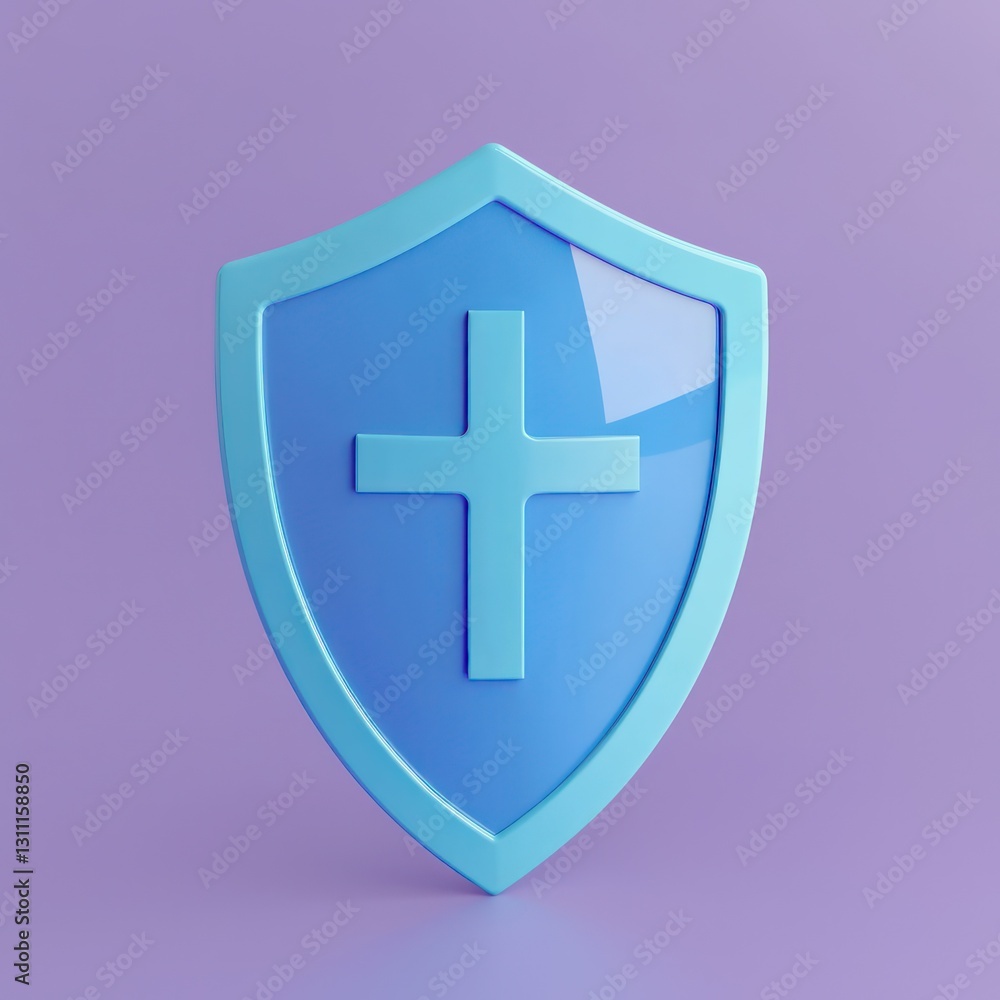 Fototapeta premium Health and security, blue shield with cross, purple isolation.