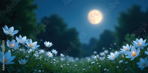 Moonlit garden scene featuring pristine white flowers , texture, white