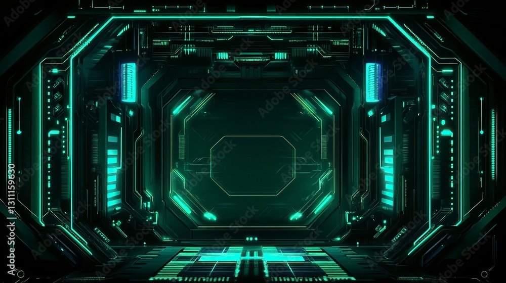 Fototapeta premium Abstract Dark Room with Green and Blue Neon Lights, Glowing USA on Black Background for Product Display or Big hollow space room in dark neon light blue green background. Futuristic night scene.