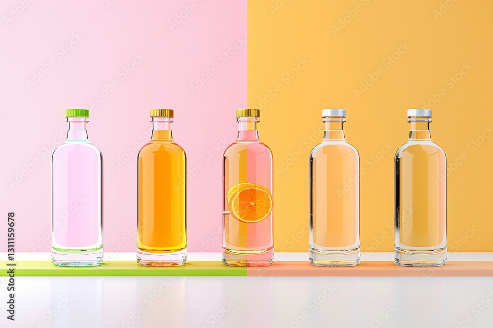 Five Glass Bottles with Pink, Orange and Clear Liquids on Pastel Background Five Glass Bottles with Pink, Orange and Clear Liquids on Pastel Background
