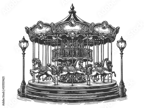 Vintage Carousel with Horses vector illustration