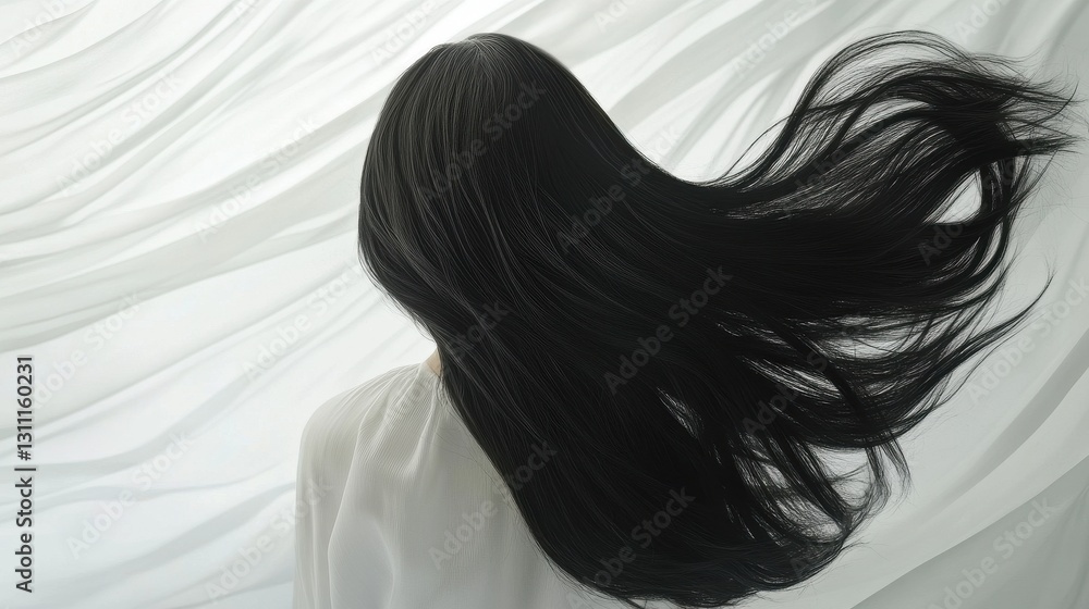 Naklejka premium Beautiful model girl with Brown hair strand,silky healthy chestnut wavy hair strand,hair wavy ribbon, with smooth,Keratin straightening,Treatment,straight long hair,procedures,Smooth hairstyle.