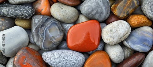A close-up of polished natural stones featuring red orange gray and black textures with various patterns