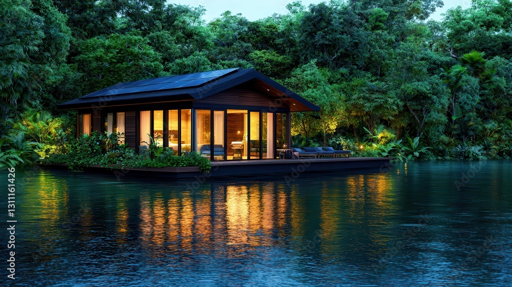 Serene Floating Cabin Surrounded by Lush Green Trees and Calm Water at Dusk Serene Floating Cabin Surrounded by Lush Green Trees and Calm Water at Dusk
