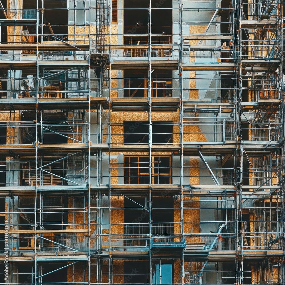 A residential apartment complex being built with scaffolding in place A residential apartment complex being built with scaffolding in place