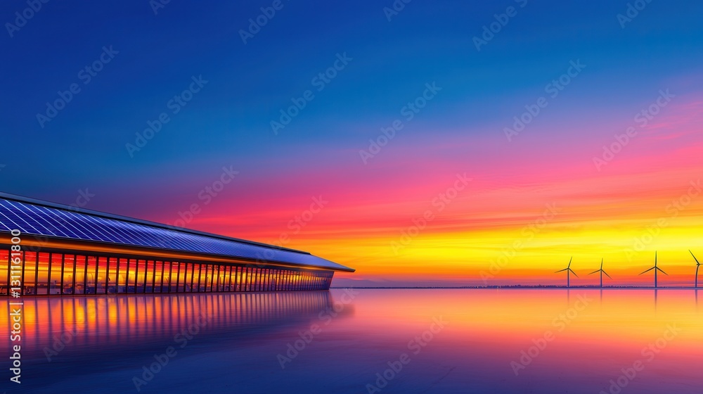 Fototapeta premium Breathtaking Sunset Over Water with Modern Architecture and Wind Turbines in View