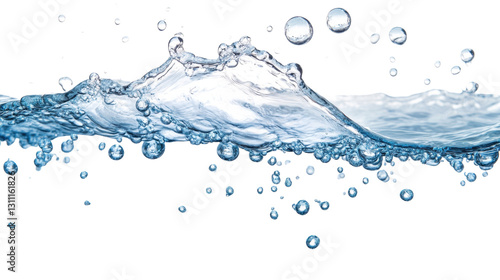 Blue water splash on white background with bubbles and waves