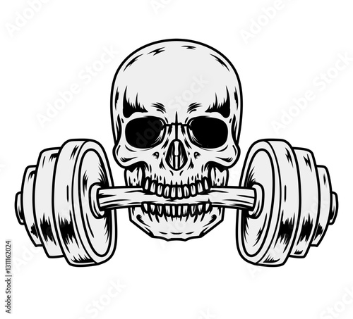 vector illustration of skull with a dumbbell for sport logo mascot, promotion, tshirt design