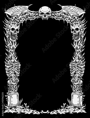 black and white hand drawn death metal frame illustration for poster, gigs rundown, flyer, banner, social media post or backprint tshirt
