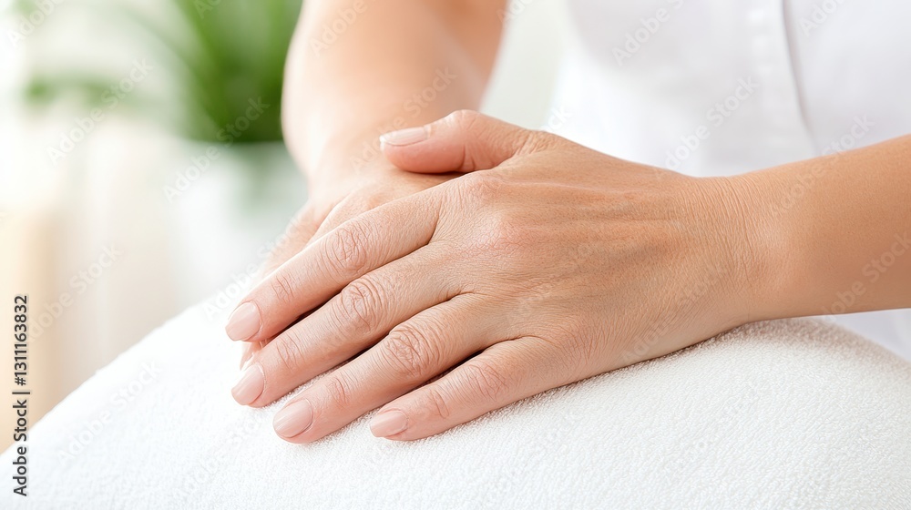 Relaxed Hands Resting Calmly On A Soft, White Surface Relaxed Hands Resting Calmly On A Soft, White Surface