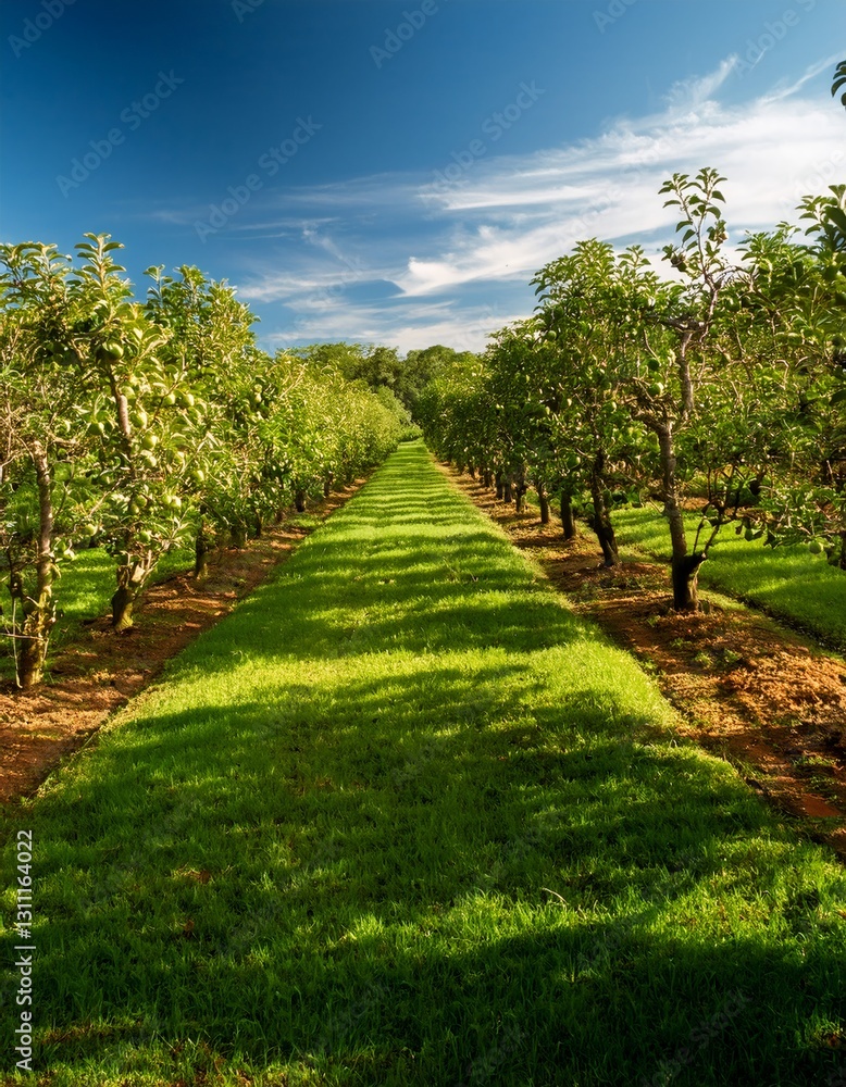 Orchard Path Under Sky: Captivating symmetry and serenity as an orchard path stretches into the distance, framed by rows of trees with a clear sky. Orchard Path Under Sky: Captivating symmetry and serenity as an orchard path stretches into the distance, framed by rows of trees with a clear sky.