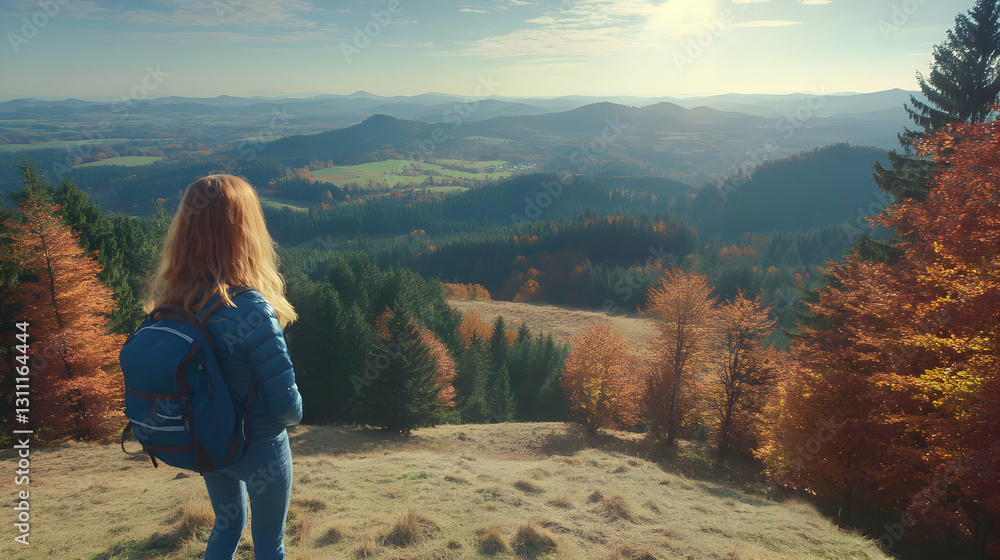 Fototapeta premium Woman with Backpack Enjoying Autumn Landscape View