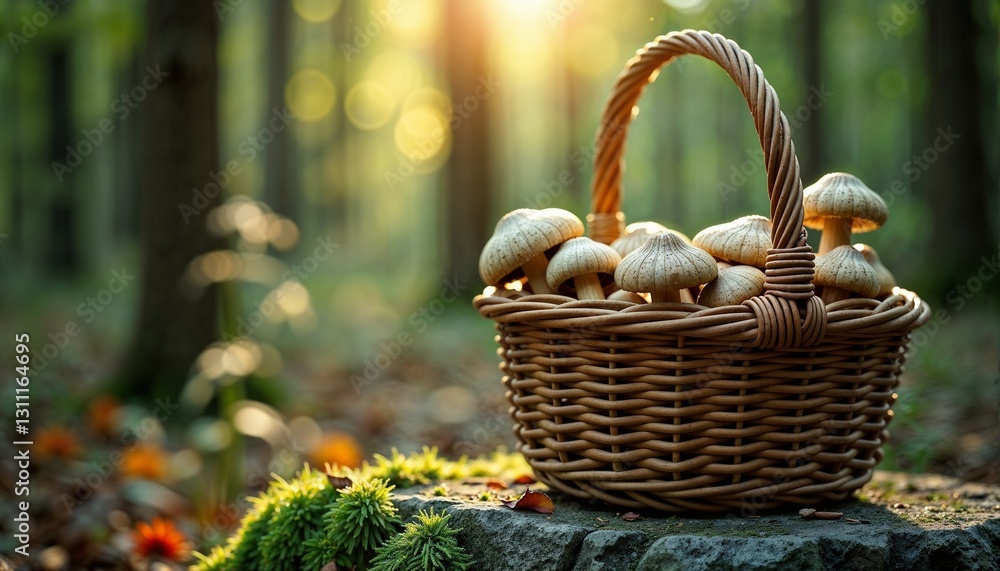 Basket filled with freshly picked mushrooms sitting on a stone in a sunlit forest Basket filled with freshly picked mushrooms sitting on a stone in a sunlit forest