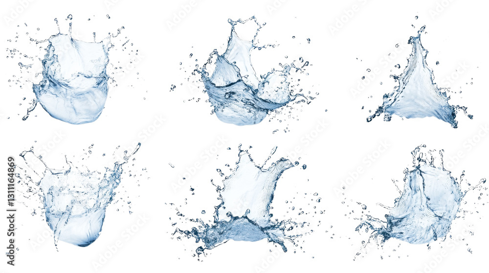 Blue water splash in glass with bubbles and droplets on white background Blue water splash in glass with bubbles and droplets on white background