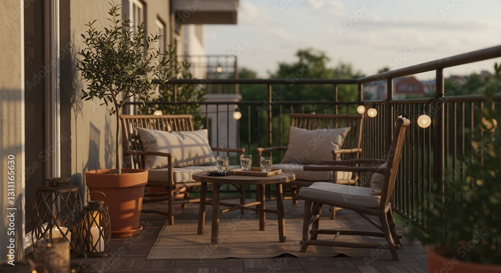 Fototapeta premium Cozy Balcony with Rattan Furniture and String Lights at Sunset