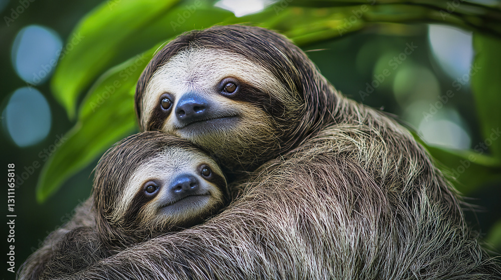 Naklejka premium Mother and baby sloth embracing in lush green forest setting