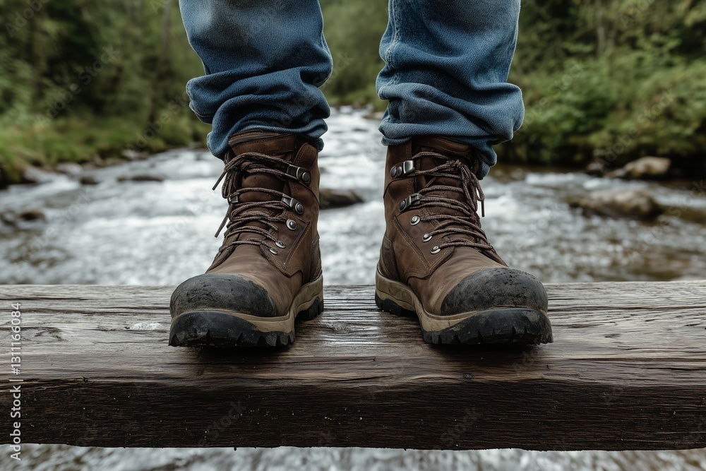 Close up of brown hiking boots standing on an old wooden bridge over a flowing river, symbolizing adventure and exploration Close up of brown hiking boots standing on an old wooden bridge over a flowing river, symbolizing adventure and exploration