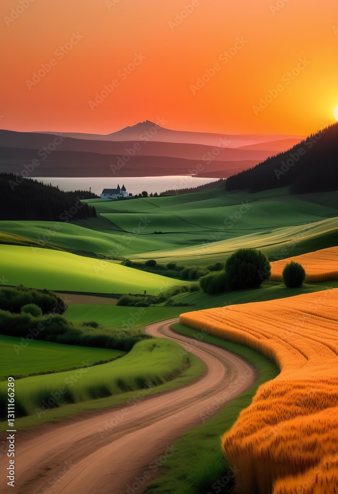 Naklejka premium Sunset Rural Landscape Rolling Hills, Golden Wheat Fields, Winding Road