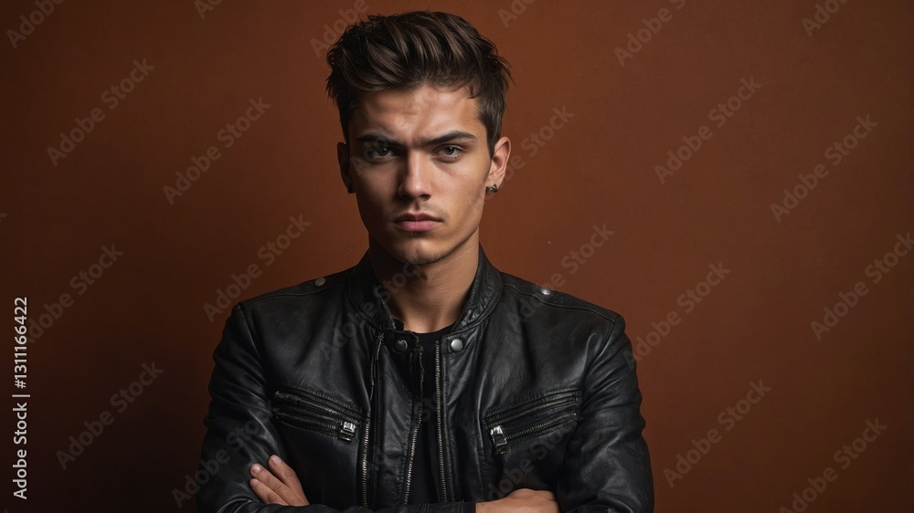 Fototapeta premium Confident young man poses with leather jacket and crossed arms against a solid background. Portrait.