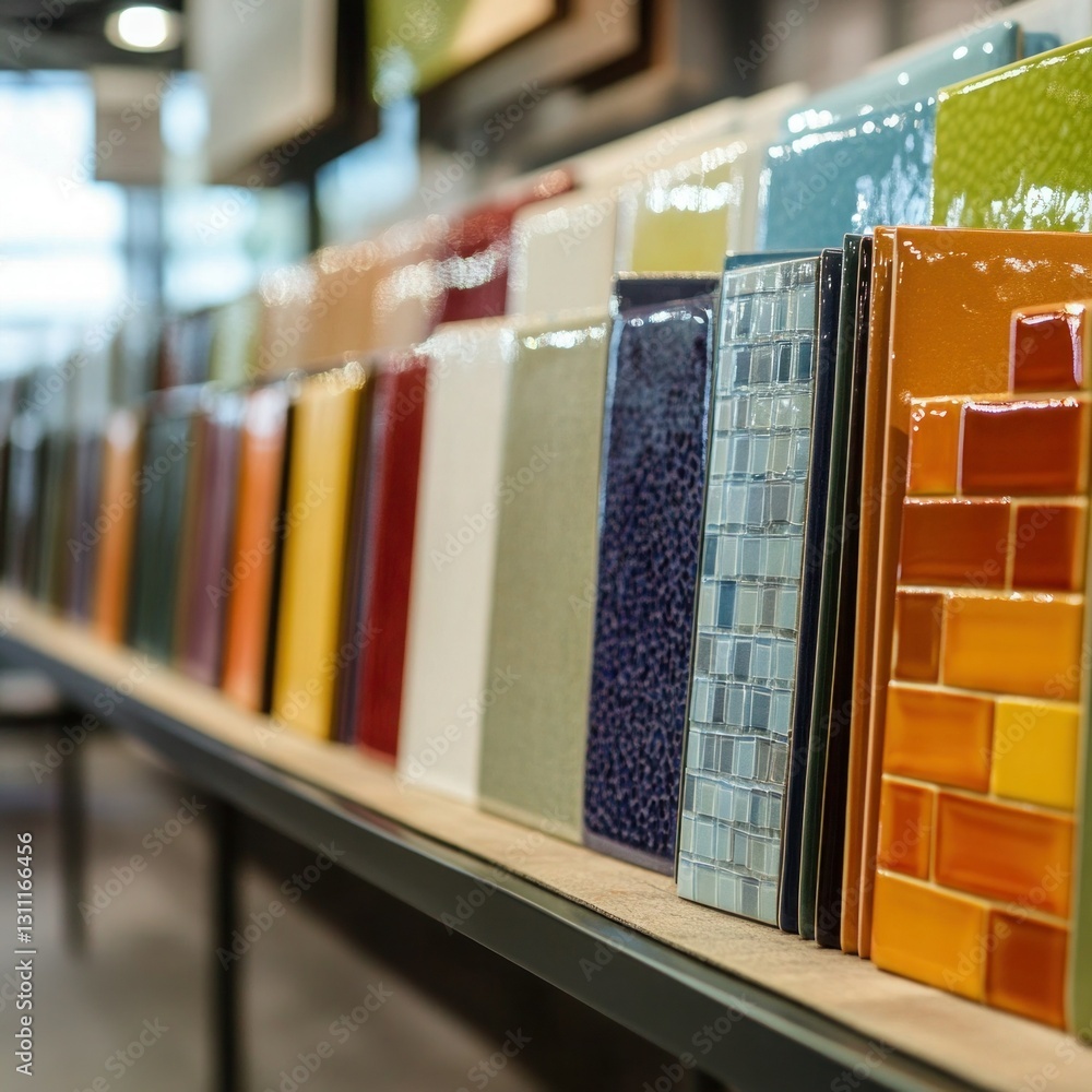 Fototapeta premium A row of colorful ceramic tiles on display at a material supply store