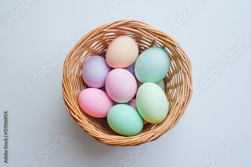 Wallpaper Mural A flat-lay composition of a classic Easter basket with neon and pastel eggs, professional studio lighting, pure white background Torontodigital.ca