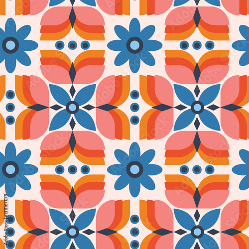 Scandi Retro Vintage Floral Patterns, Seamless Geometric Floral Patterns and Backgrounds, Digital Paper