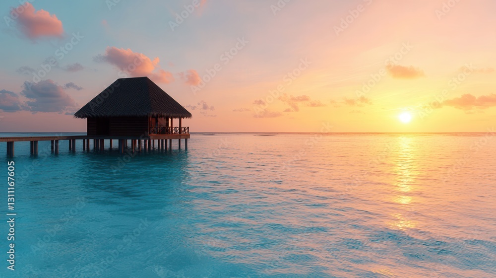 Tranquil Sunset Over Water Bungalow with Vibrant Sky and Calm Ocean Waves Tranquil Sunset Over Water Bungalow with Vibrant Sky and Calm Ocean Waves