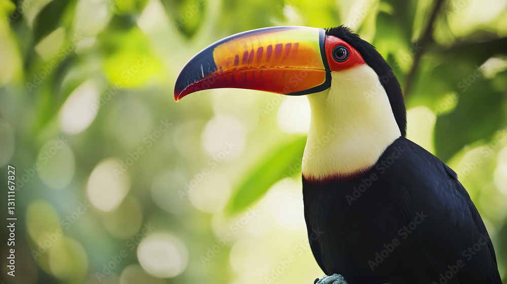 Fototapeta premium Vibrant toucan portrait with deep contrast in lush greenery