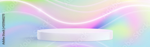 Hologram 3d stage with white circular platform on iridescent background. Neon flowing light waves in minimalist display space for product presentation. Elegant podium under luminous curved lines.