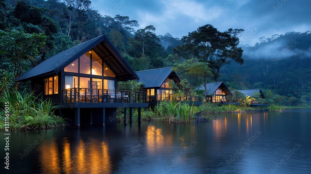 Serene Lakeside Cabins Illuminated by Warm Light Amidst Lush Greenery at Dusk Serene Lakeside Cabins Illuminated by Warm Light Amidst Lush Greenery at Dusk