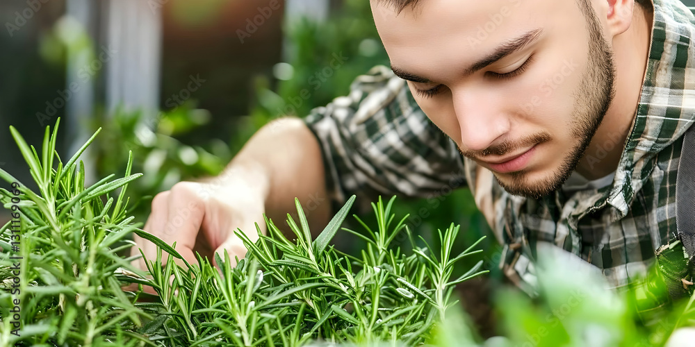 Fototapeta premium Focused Person Cultivating Aromatic Herbs In A Gardenbed