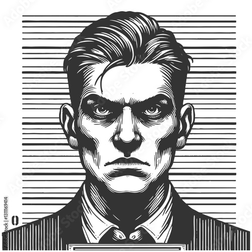 classic vintage mugshot featuring a serious-looking young man in front and side profile, drawn in engraving style sketch engraving generative ai vector illustration. Scratch board. Black and white.