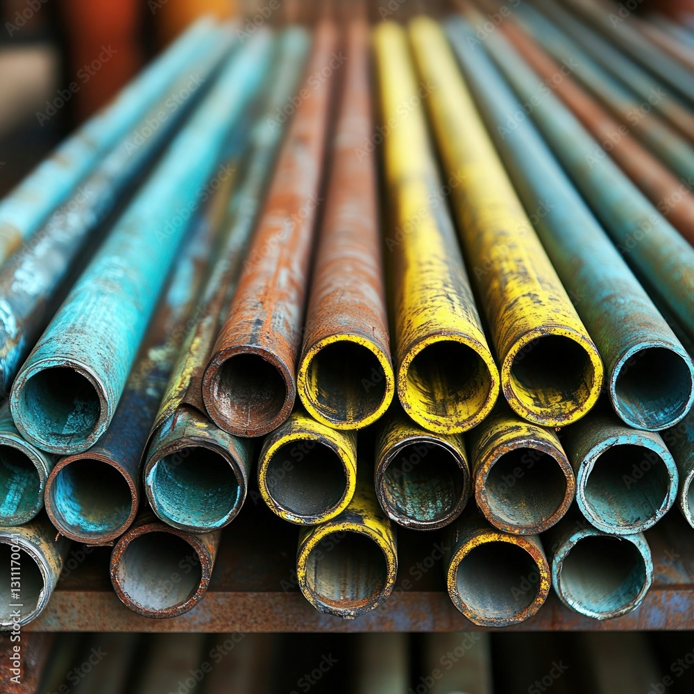 A set of pre-painted metal pipes prepared for structural assembly A set of pre-painted metal pipes prepared for structural assembly