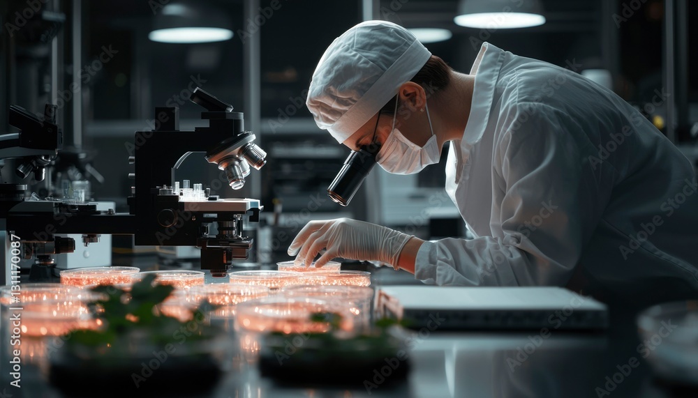 Scientist examines petri dishes. Lab research Scientist examines petri dishes. Lab research