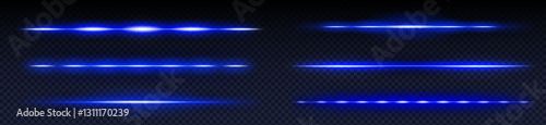 Neon laser beam set in vibrant blue color on transparent background. Multiple horizontal light effects with varying brightness and luminosity patterns. Glowing rays for futuristic digital ui design.