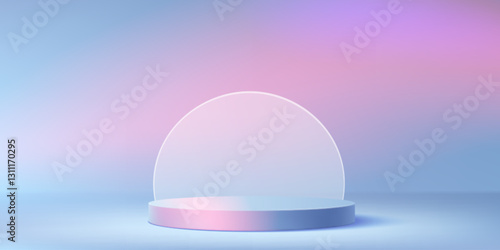 Round podium on pink and blue gradient background. Vector realistic illustration of empty platform for product presentation with glass morphism decoration, showroom with hologram color circular stage
