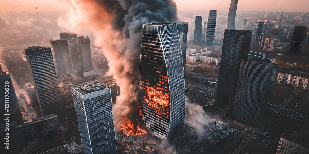 Burning Metropolis Digital Illustration of Cityscape Disaster Scene